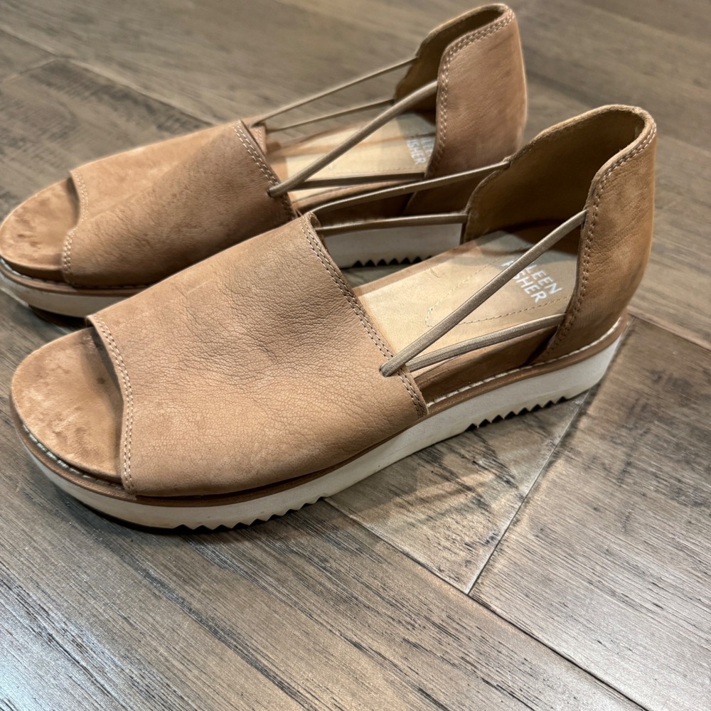 Eileen Fisher Women's Tan Leather Open Toe Platform Wedge Sandals Size 6